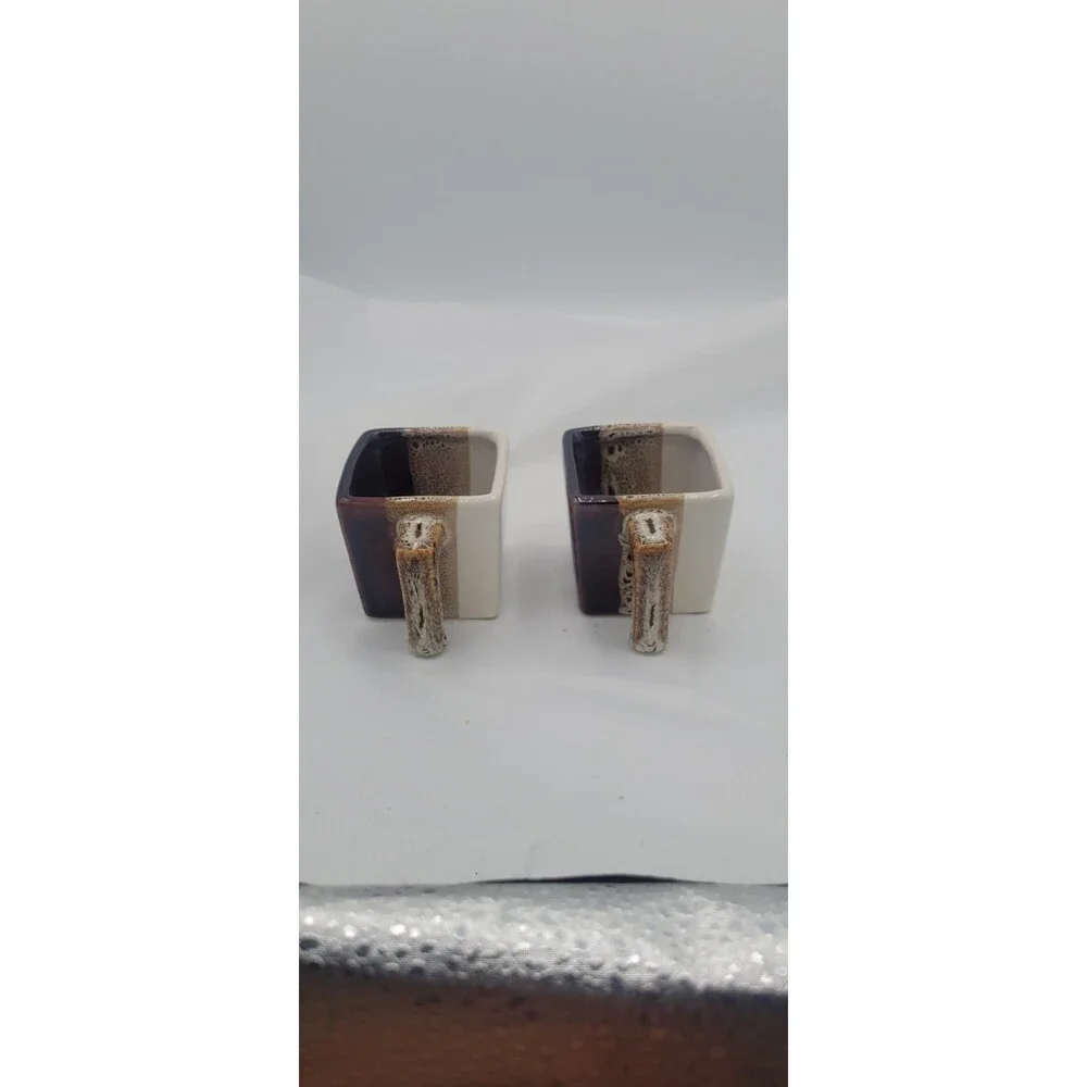 Pier 1 Imports Square Mugs Set of 2 Tri Color Glazed Stoneware Brown Tan